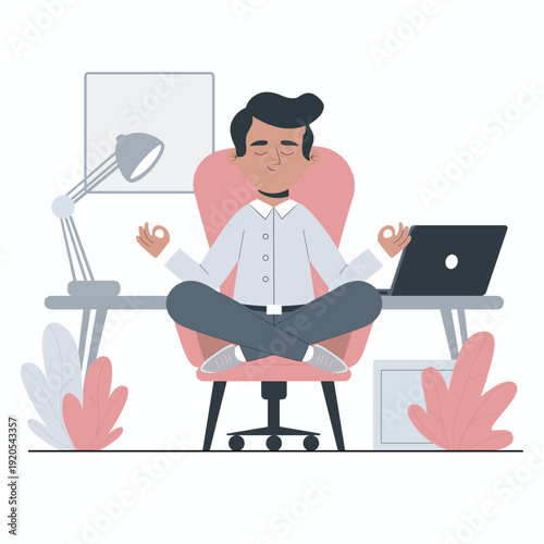 Man meditating at office desk concept for stress relief and mindfulness at work