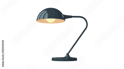 Elegant dark blue desk lamp with adjustable arm and curved base, illuminated with a warm yellow light against a white background