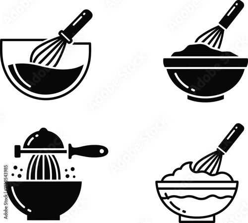 Black vector silhouette set of kitchen whisk and mixing bowl icons showing various baking stages for culinary arts cooking classes and restaurant menu branding