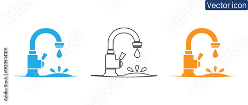Set of modern faucet icons in blue, black, and orange with dripping water