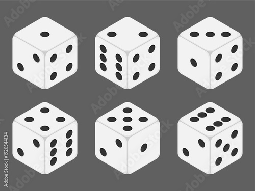 Isometric white dice set. Vector icons for tabletop gaming apps, casino themed web design, educational probability diagrams, and board game UI elements