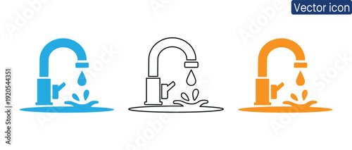Modern vector icons of faucets with water droplets in blue, orange, and black