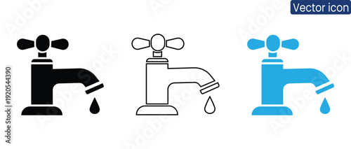 Set of modern faucet icons showing water leakage, perfect for illustrating plumbing issues or water conservation themes in various design projects