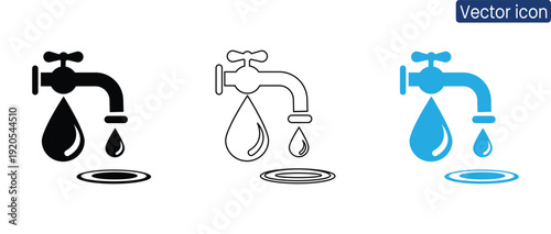 Set of modern faucet icons in blue, black, and orange with dripping water