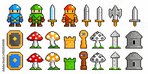 Pixel art collection of fantasy items and characters for a retro game