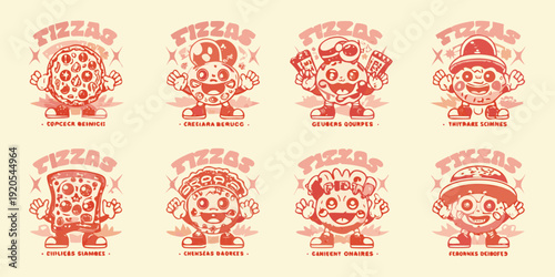 Charming pizza mascots in a repeating pattern vintage cartoon style