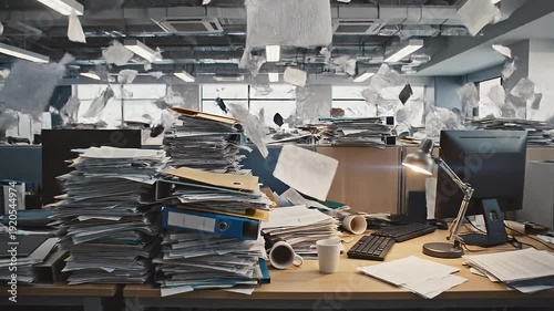 Chaotic Office Workspace with Flying Papers and Messy Business Environment