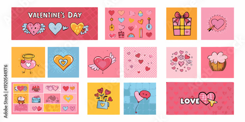 Colorful valentine s day themed illustrations arranged in a grid pattern