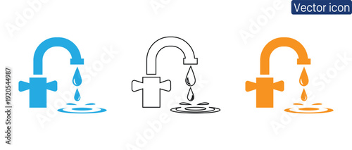 Set of modern water faucet icons in black, line art, and blue colors for various design projects