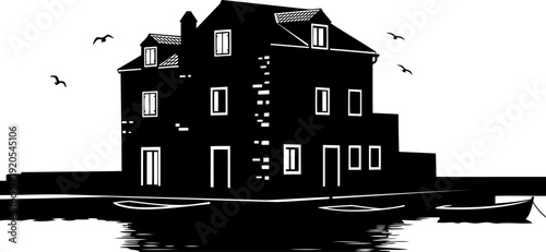 Coastal stone house silhouette with harbor boats