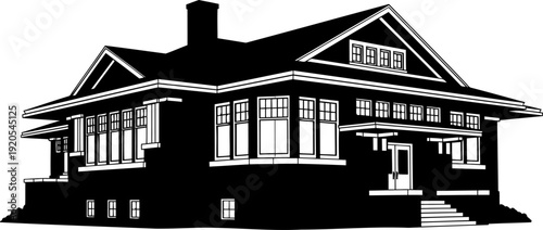 Craftsman style bungalow home with wide front porch silhouette