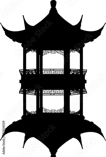 Decorative chinese pavilion silhouette featuring elaborate lattice work and tiered roof