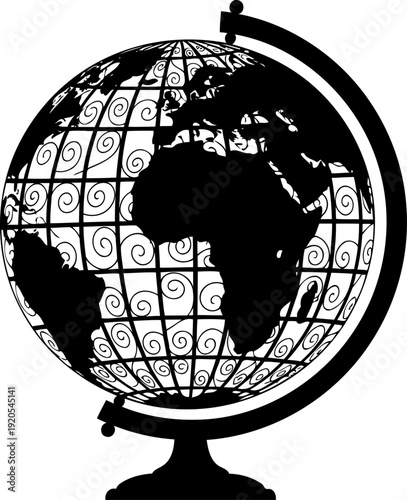 Decorative world globe silhouette on ornate stand for study