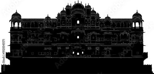 Detailed indian palace facade silhouette with traditional windows and domes