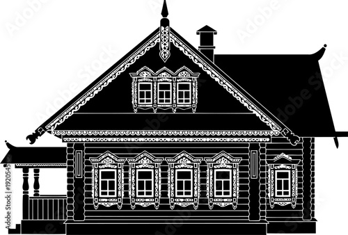 Detailed log cabin house silhouette featuring ornate eaves and window frames