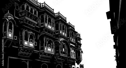 Detailed view of indian palace balconies with arched windows and decorative stone work