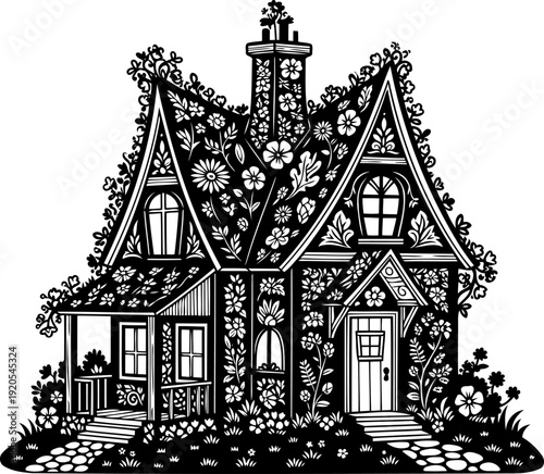 Floral fairy-tale cottage silhouette whimsical garden house