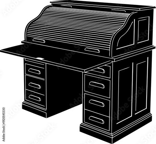 Front perspective roll-top desk silhouette open workspace