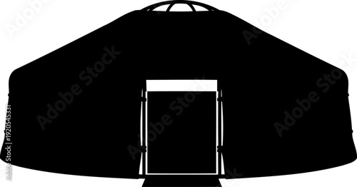 Frontal view silhouette of a circular nomadic yurt with open entrance