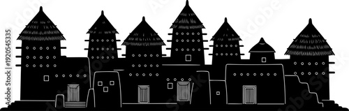Fortified african village silhouette with conical thatched roofs