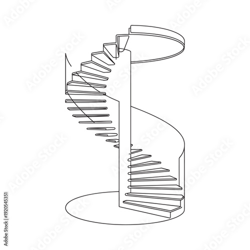 Minimalist line drawing of a spiral staircase with circular base