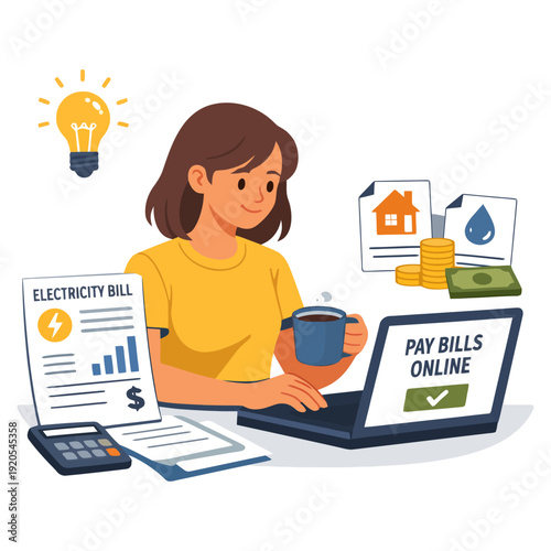 Hispanic female adult paying bills online with laptop and coffee.