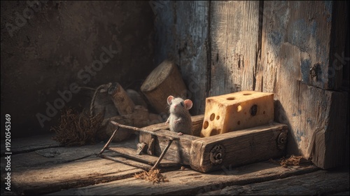 A small, light-gray mouse sits in a miniature wooden cheese trap.  Sunlight streams in, illuminating a rustic, aged setting