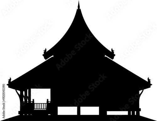 Frontal silhouette of an ornate thai style pavilion with finials