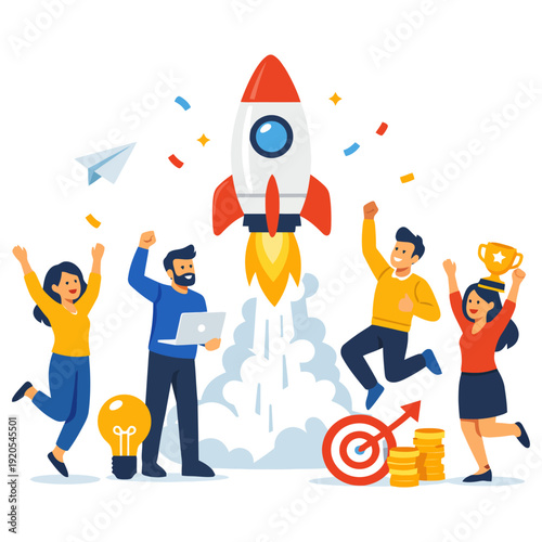 Team celebrating successful startup launch with rocket and target.