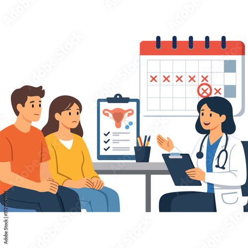 Young asian female doctor advises young caucasian couple on fertility and menstrual health.
