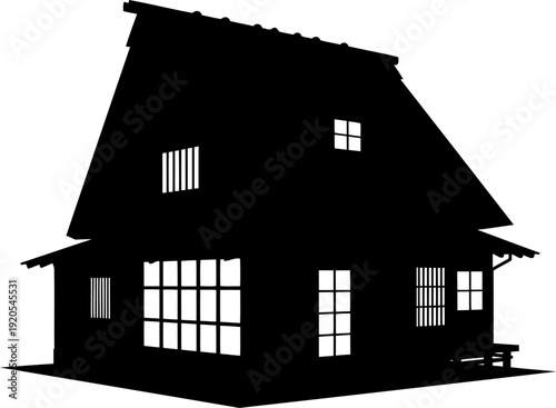 Historic japanese farmhouse silhouette with steep thatched roof