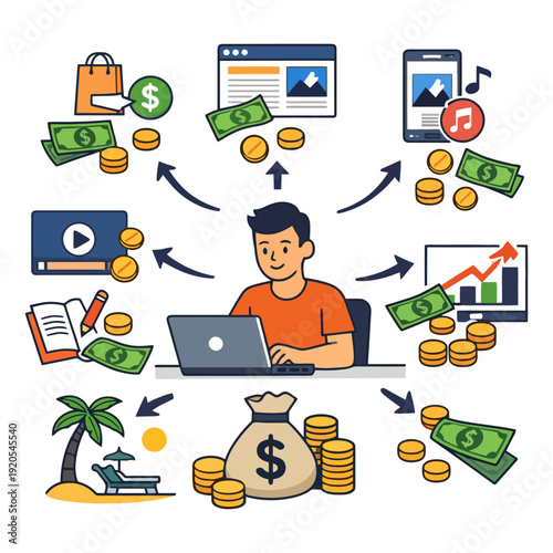 Young hispanic male working online with multiple revenue streams.