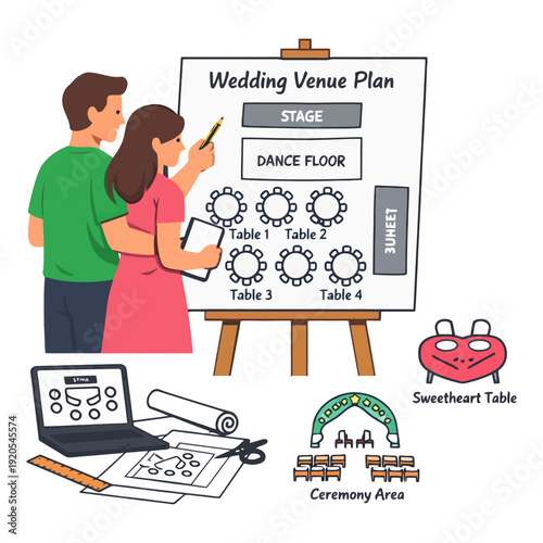 Wedding venue plan with couple discussing layout and design details.