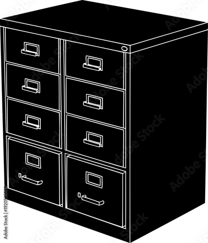 Industrial filing cabinet silhouette with eight drawers for document storage