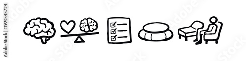 Set of hand-drawn icons for psychology and mental health including brain, emotional balance, assessment checklist, meditation cushion, and therapy.
