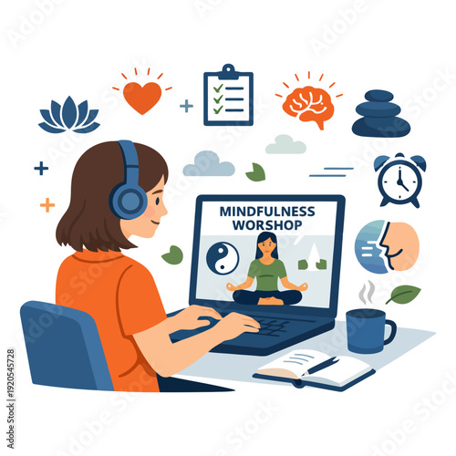 Female engaging in online mindfulness workshop with meditation and relaxation elements.