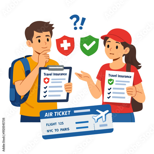 Young caucasian adults discuss travel insurance options for upcoming flight to paris.