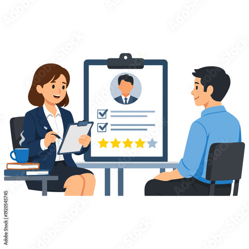 Job interview scene with female interviewer and male candidate discussing resume and experience.