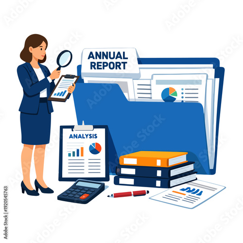 Female analyst reviewing annual report and financial data with graphs and charts.