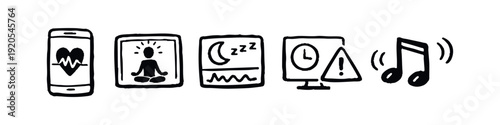 Hand-drawn icon set for health and wellness apps including heart rate, meditation, sleep tracking, time management, and music.