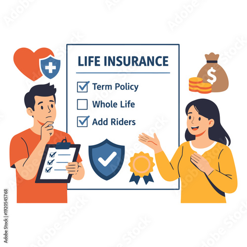 Young adults discussing life insurance options with checklist and symbols.