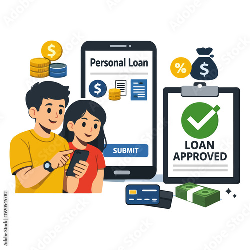Young asian couple applying for personal loan online with approval confirmation.
