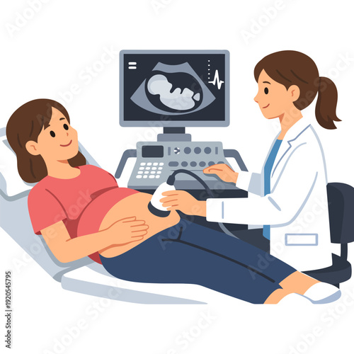 Pregnant caucasian female having ultrasound with female doctor in medical clinic.