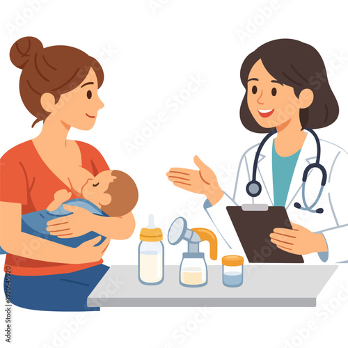 Young caucasian mother breastfeeding infant at pediatric consultation with female asian doctor.
