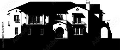 Mediterranean villa silhouette with arches and balcony details