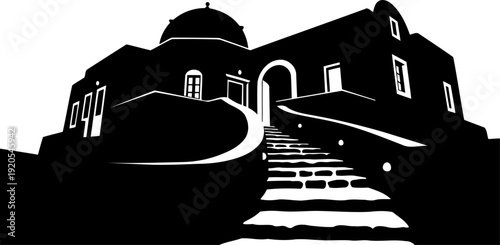 Mediterranean domed building silhouette with an exterior staircase
