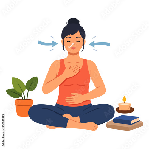 Young asian female practicing mindful breathing meditation with candles and books.