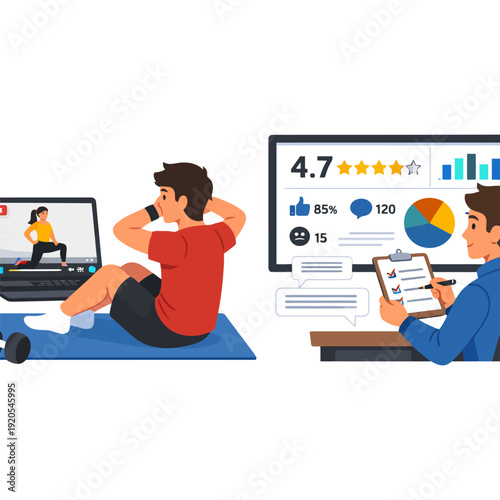 Young caucasian male engaging in online fitness and performance review.