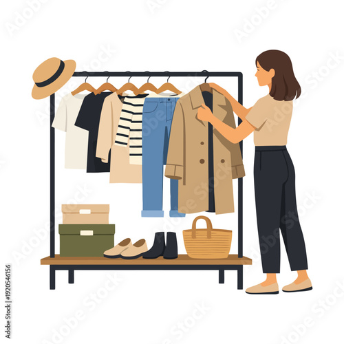 Woman organizing clothes on rack with casual outfits and accessories.
