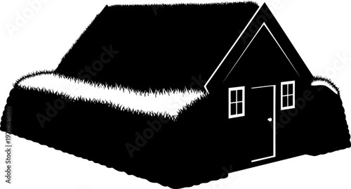 Perspective view of a traditional nordic sod house silhouette